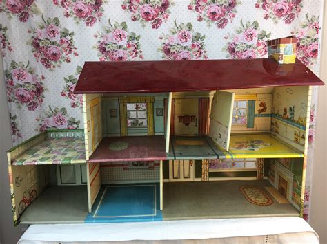 doll house metal tin with furniture|metal dollhouse from the 1950s.